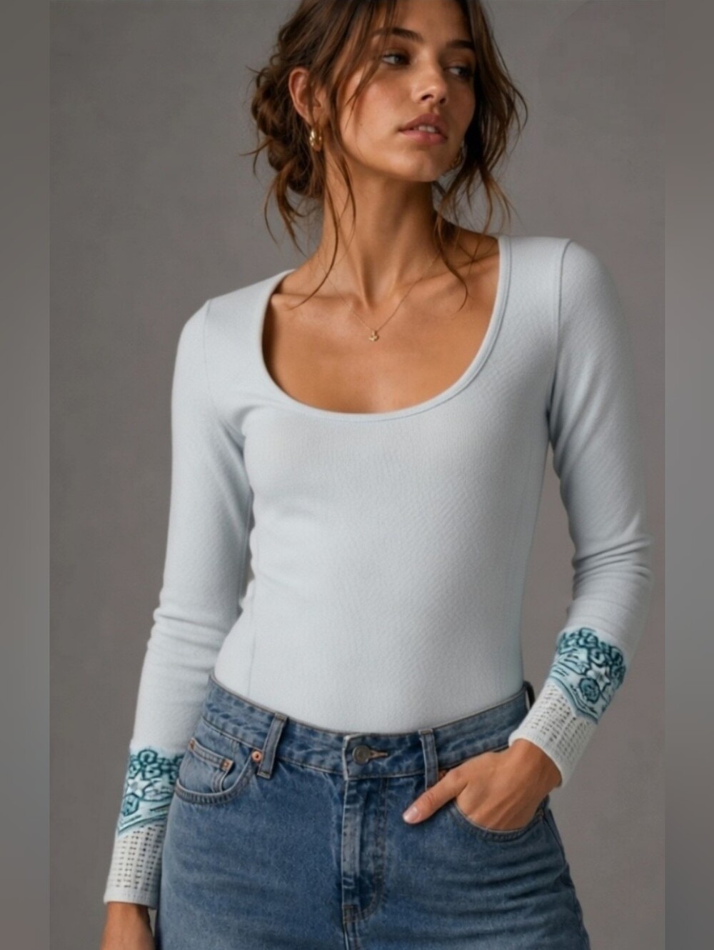 Free People We The Free Crochet Bandana Cuff Thermal Top-Grayish Blue